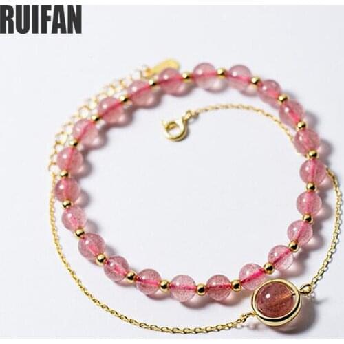 Ruifan Pink Natural Strawberry Quartz Stone Bracelets Gold 925 Sterling Silver Bracelet for Women Female Trendy Jewelry YBR099