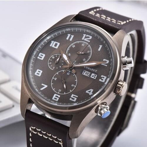 CORGEUT 41MM Multifunctional Mens Quartz Watch Luminous Hands Waterproof 316L Stainless Steel Case Leather Date Day Mens Watch