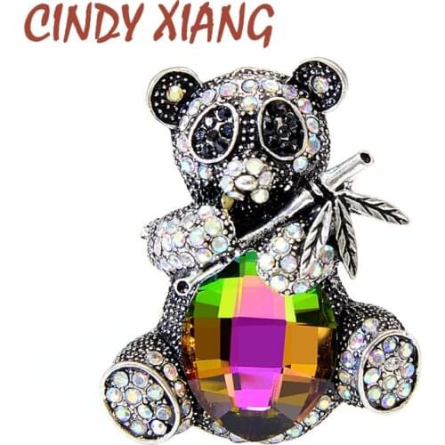 CINDY XIANG Cute Rhinestone Panda Brooches For Women Vintage Eat Bamboo Panda Pin 3 Colors Available Animal Jewelry