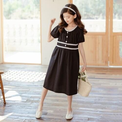 6 To 16 Years, Girls Cotton Dress Lace Patchwork 2021 New Teenage Summer Dress Kids Clothes Baby Cute Dress Short Sleeve,#6284