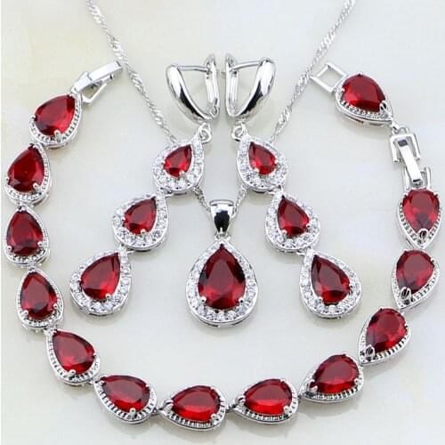 Water Drop Red Zirconia White CZ 925 Silver Jewelry Sets For Women Party Earrings/Pendant/Necklace/Bracelet T017