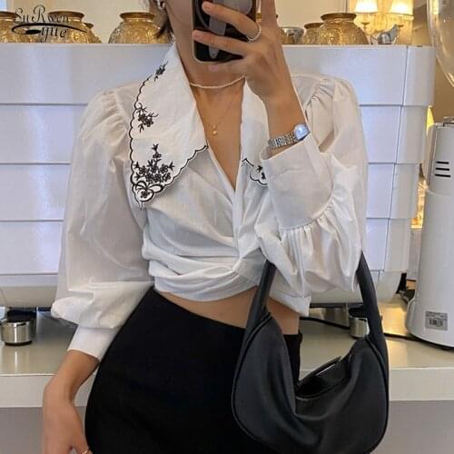 Sexy Cross Crop Top Women Korean Embroidered Short Blouse Women Chic Turn-down Collar Lantern Sleeve Slim Womens Shirt 16955
