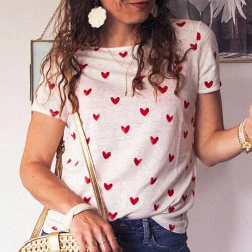 Linen T-Shirt in Hearts Print Femme Thin Short Sleeve Summer Round Collar Loose Tee Shirt Casual Tops Women T Shirts Hauts