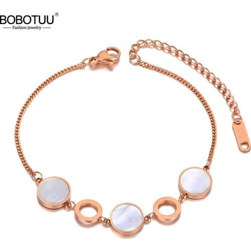 BOBOTUU Trendy Shell Round Circle Charm Party Bracelet Bangle Stainless Steel Bohemia Chain & Link Bracelets For Women BB20175