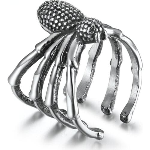 Megin D New Punk Vintage Personality Adjustable Spider Stainless Steel Rings for Men Women Friend Fashion Design Gift Jewelry