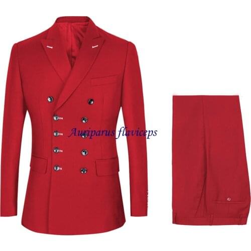New Design Double Breasted Man Suits 10 Buttons Groom Suit Red Dinner Suit Peaked Lapel Wedding Suits(Jacket+pants)