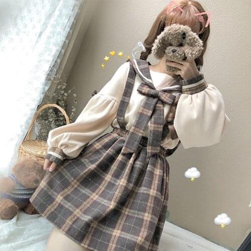 Autumn Winter Japanese Sweet Lolita Three Piece Suit Vintage O-neck Printing Lolita Top+Lattice Overalls+Strap Skirt Kawaii Girl