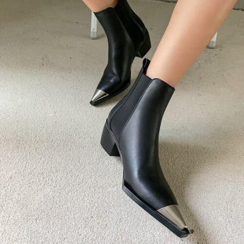 Osunlina White Ankle Boots Genuine Leather Square Heels Metal Toe Handmade Autumn Chelsea Boots Woman High Quality Shoes A001