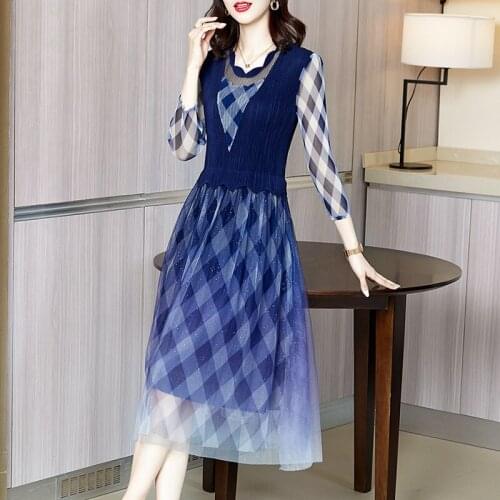 Pleated Dress Spring Summer 2021 New Mesh Gradient Slim Fashion Plaid Dress