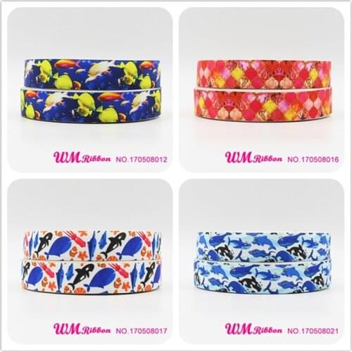 Q&N ribbon 7/8inch 22mm fish pattern printed grosgrain ribbon webbing 50yards/roll for hair tie headband free shipping