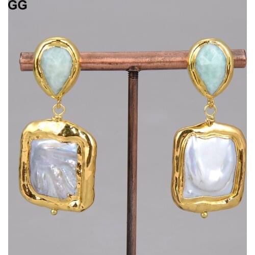 GuaiGuai Jewelry Natural Cultured Rectangle White Keshi Pearl Green Amazonites Stud Earrings For Women