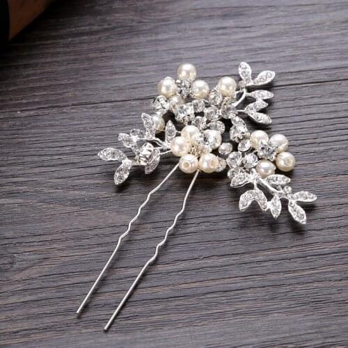 Silver Color Leaf Pearl Crystal Hairpin Hair Jewelry Hair Stick Wedding Hair Accessories Bridal tiara Hair Piece UZ045