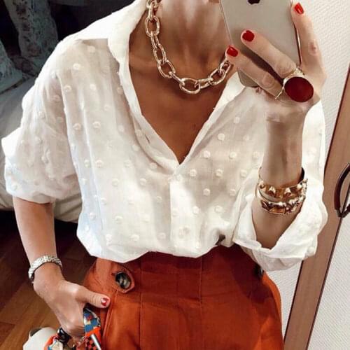 New Fashion Women Polka Dot Blouses Long Sleeve Shirt Tops Ladies Transparent Loose White Blouse Sexy Ladies Beachwear Cover Up