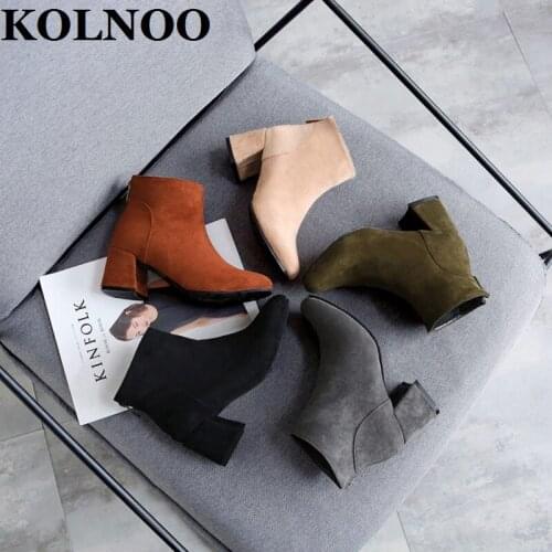 Kolnoo Newest Hot Sale Womens Chunky Heels Ankle Boots Faux Kid-Suede Five-Colors Martin Boots Daily Wear Fashion Winter Shoes