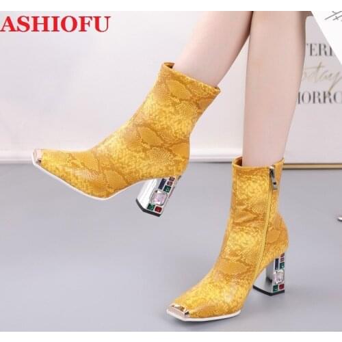 ASHIOFU Handmade New Classic Womens Thick-heeled Boots Faux-snake Party Ankle Booties Crystal-heels Evening Fashion Winter Boot