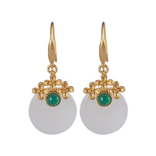 S925 sterling silver gold plated Natural Hetian jade Eardrops Retro Plum blossom Peace buckle Ladies Ear hook Earrings