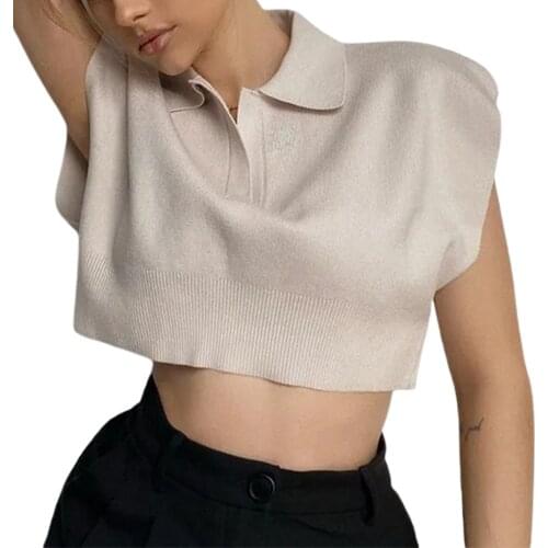 2021 New Womens Knitted Tank Tops Casual Sleeveless Lapel V Neck Solid Color Loose Crop Tops