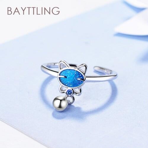 BAYTTLING 925 Sterling Silver Cute Cat Bell Open Ring For Woman Fashion Wedding Jewelry Couple Gift