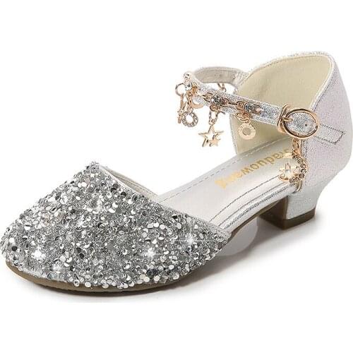 2021 Girls Glitter Sandals Childrens High Heels Shoes Kids Performance Crystal Sandals Baby Catwalk Princess Childrens Shoes