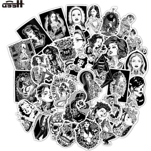 68 PCS PVC Not Repeat Black And White Tattoo Girl Sticker For Luggage Car Guaitar Skate Phone Laptop Bicycle Moto Toys Stickers