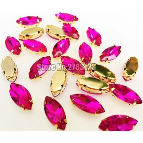 AAA+ Glass Crystal Rose red Gold bottom horse eye shape sew on claw rhinestones with holes Sewing On Garment DIY accessories