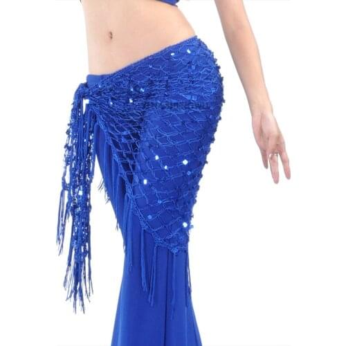 Belly Dance Practice Clothes Accessories Stretchy Long Tassel Triangle Belt Hand Crochet Belly Dance Hip Scarf Sequin 12 Colors