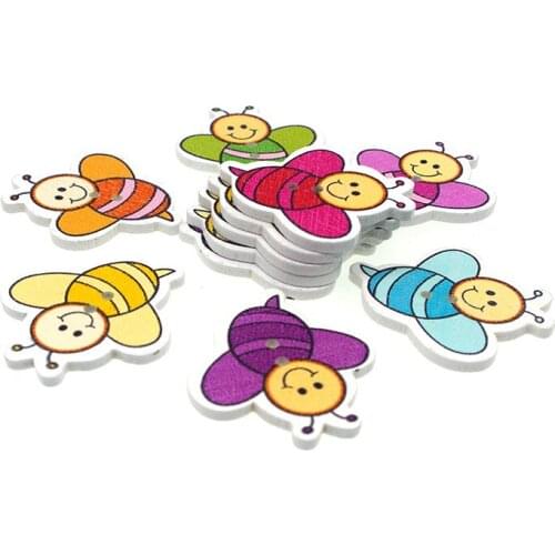 20PCs Wooden Sewing Buttons Scrapbooking Bee Colorful Mixed 2 Holes Cartoon Costura Botones Decorate bottoni 24x20mm W2030