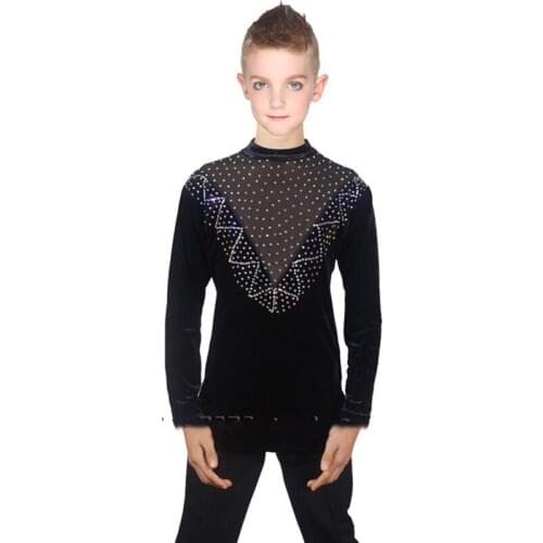 Children Boys Ballroom Latin Dance Tops Long Sleeves Mesh Diamond Training Or Performance Latino Dancing Shirt For Kids DWY1135