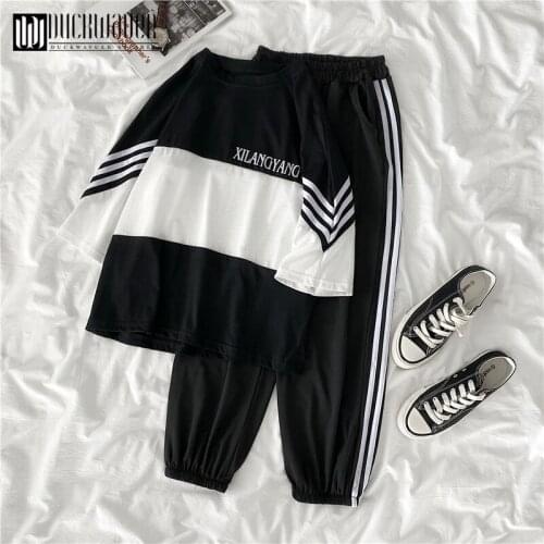 Duckwaver 2021 Fashion Comfortable Two Piece Set Female Pullover O-Neck Loose Short Sleeve + Ankle-Length Pants For Woman Suits