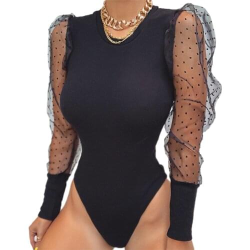 Women´s Bodysuit Swiss Dot Long Mesh Sleeve Jewel Neckline Bodycon Tops Sexy Leotard Jumpsuit Stretchy Romper for Girl Bodysuits