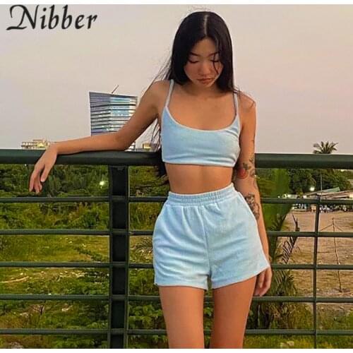 Nibber 2021 Summer Fashion Sling Strap Top Shorts Set Women Cotton Backless Bodycon Two Piece Set Elegant Clubwear Outfits