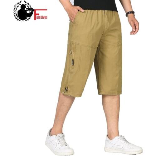 Summer Mens Baggy Multi Pocket Military Zipper Cargo Short Hot Breeches Long Army Green Khaki Bermuda Male Capris Plus Big Size
