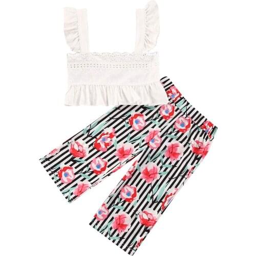 2020 Summer Infant Baby Girls Clothes Sets White Lace Sleeveless Vest Tops+Striped Floral Pants 1-6Y