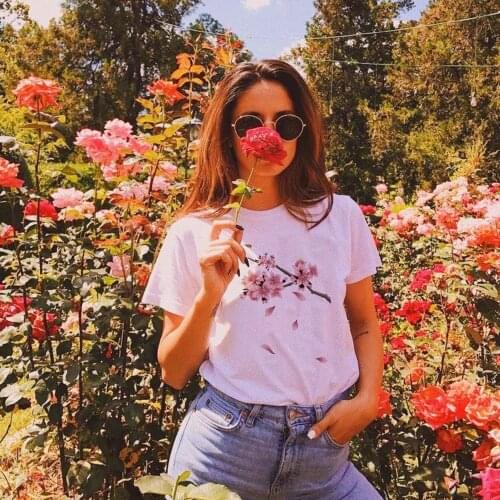 Cute Pink Cherry Blossom Branch Aesthetic T-Shirt Summer Women T-shirt Flowers Print Female Tops Ladies Casual Tees Ropa Mujer