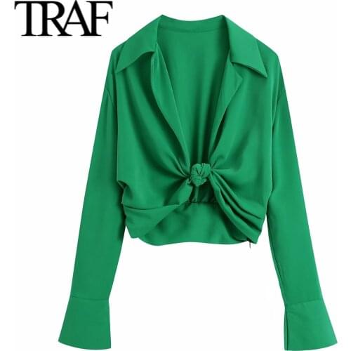 Traf Za fashion womens green shirt vintage loose long sleeve chic side zip knot short top