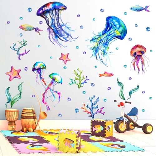 Cartoon Underwater World Wall Sticker Ocean Cute Jellyfish Wall Decals for Kids Room Decoration Bathroom Self-adhesive Wallpaper