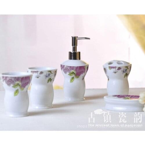 5 Pcs European Peony style Ceramic Bathroom set tooth brusher holder, Household Wash brush cup, Soap Dishes, lotion bottle