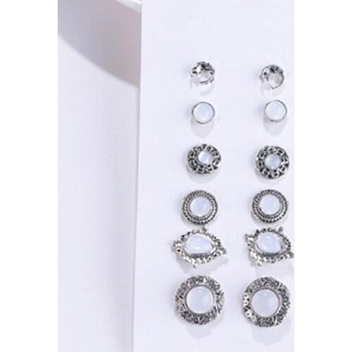 Opal Stud Earrings Set Vintage Round Earrings For Women girls Fashion Geometric Flower Earring Jewelry Wholesale 6 Pairs/set