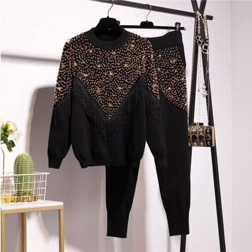 Autumn Women Casual Knit Tracksuit Set Manual Beaded Diamond Tassel Pullover Sweater Pencil Pants Outfits Casual Knitwear Suit