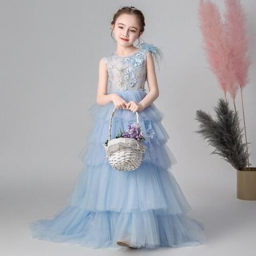 Fancy Flower Girl Wedding Dress with Train 2021 Children Performance Robe Kids Long Mermaid Tulle Dresses Girl Boutique Clothes