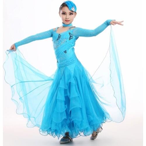 Free Shipping Sea blue/Red/Green Pendulum Standard Ballroom Dance Dress,Child Tango/Waltz/Mondern Big Swing Performance Costume
