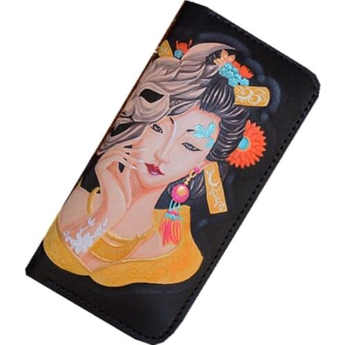 Handmade Genuine Leather Portrait Of A Lady Wallets Cartoon Purses Men Long Clutch Vegetable Tanned Leather Card Holder