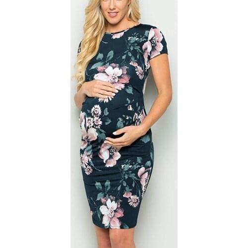 Womens Maternity Pregnant Short Sleeve O-neck Casual Comfy Floral Print Dress Maternity Clothes Dresses For Pregnancy