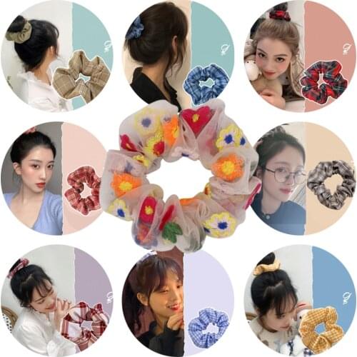 INS Retro Lattice Embroidery Flower Elastic Hair Bands Rope Rings Hair Scrunchie Tie Ponytail Holders Scrunchies Girl Headbands