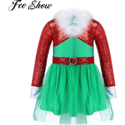 Girls Christmas Dress Mesh Princess Costume Kids Sequins Long Sleeve Autumn Clothing Children New Year Birthday Party Dress