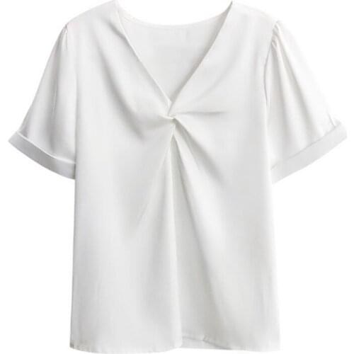 PERHAPS U Women Shirt Short Sleeve Summer V Neck Bluse Satin Ruch Elegant Green Pink Khaki White Solid Office Lady B0610