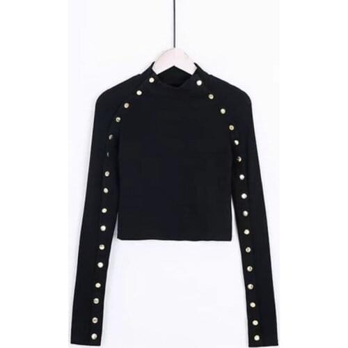 Spring Autumn 2021 Women T-Shirts Short Tops Cropped Long Sleeve Buttons Solid Sexy Tops Tees Women Casual Slim Cotton Crop Tees