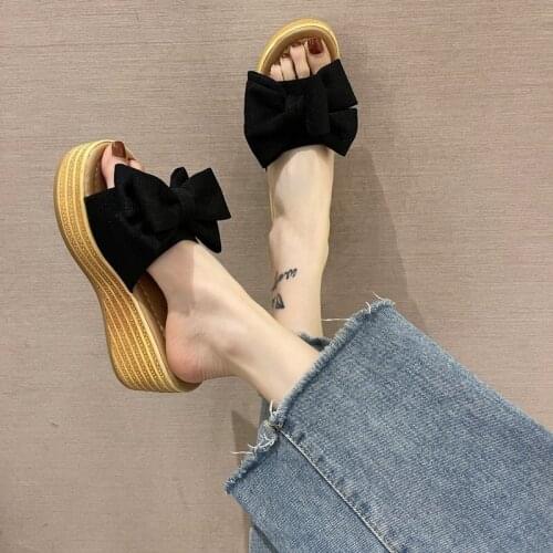 New Summer Platform Wedge Slippers Women Shoes Butterfly-knot Clog Fabric Bow Mules Flip Flop Light Slides Slipper Women 2021