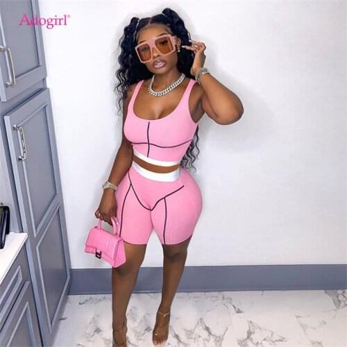 Adogirl Women Summer Patchwork Ribbed Tracksuit Copped Tank Top Biker Shorts Casual Active Two Piece Set Fitness Jogging Suit