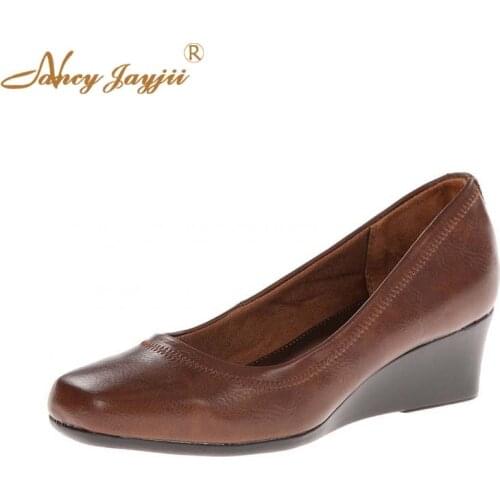 Female Pumps Lady shoes solid High Wedges heels Sewing Round Toe Slip-On Spring/Autumn Casual Fashion Classic Basic Leisure 2021